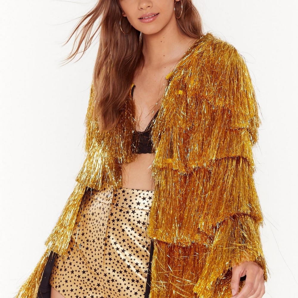 Metallic Gold Tiered Fringe Open Front Jacket - Sm